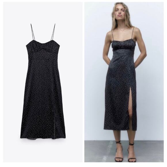 Zara Black Polka Dot Satin Corset Midi Dress Size Medium Minimalist Cocktail - Picture 2 of 14